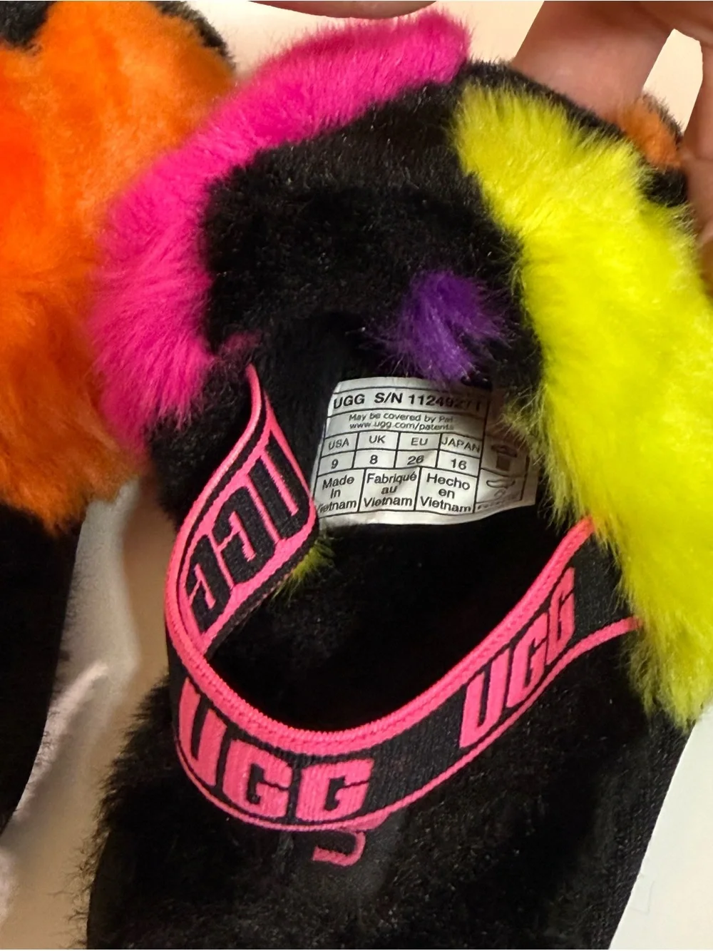 UGG Kids Black Slide Sandals with Multicolor Fur Patches